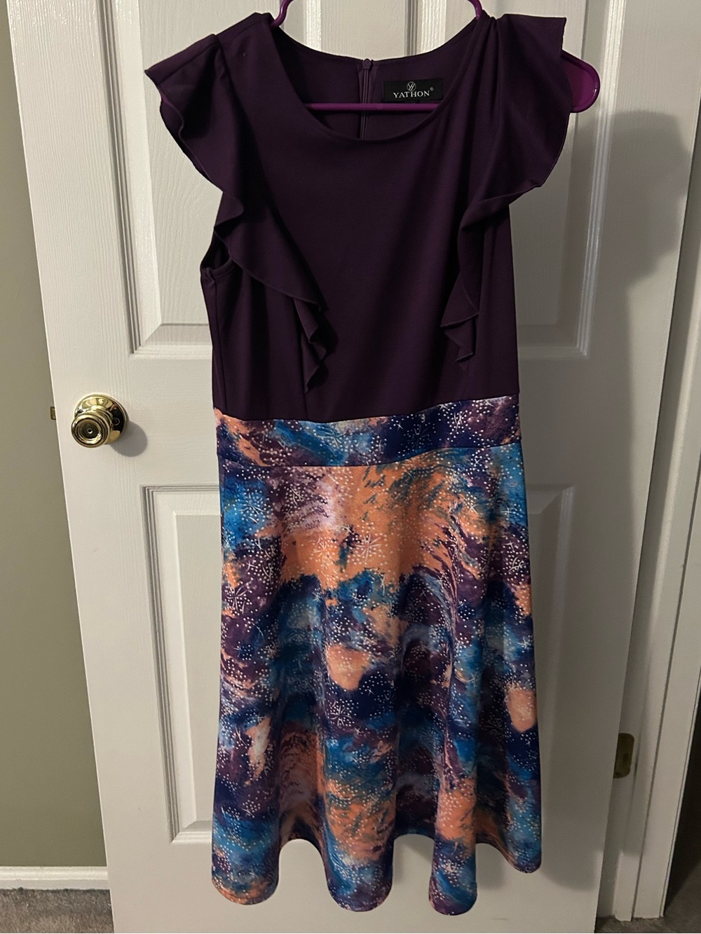 Purple & Multicolor Ruffle Sleeve Fit-and-Flare Dress